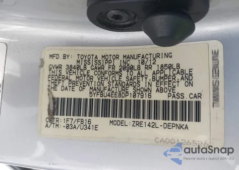 2013 Toyota Corolla Le z USA, uszkodzony, nr VIN 5YFBU4EE8DP107916